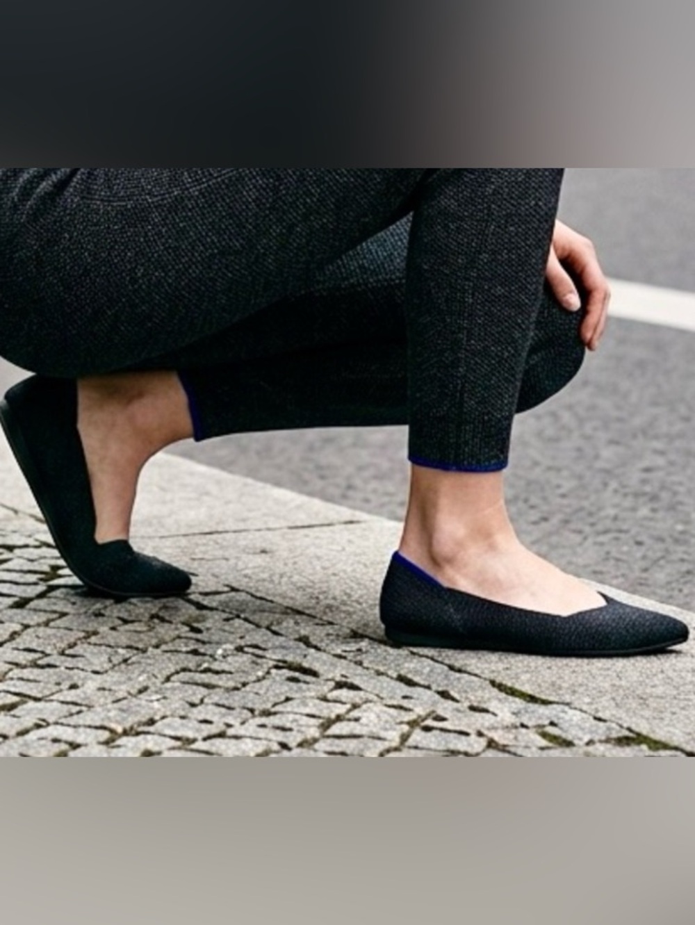 Rothy's Black Knit Flats with Blue Trim